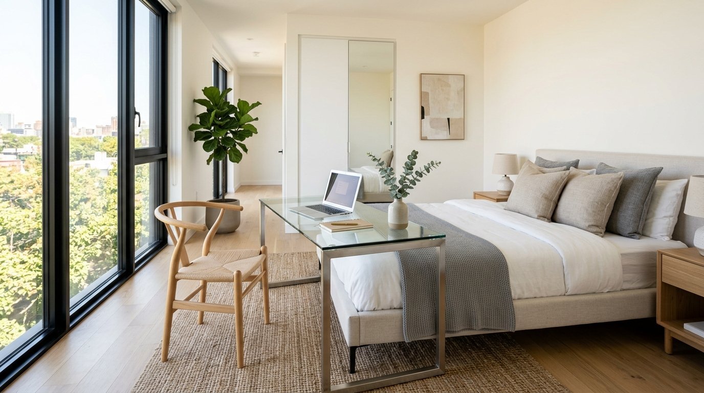 A bedroom with a glass desk, wooden chair, and cozy bed beside floor-to-ceiling windows.