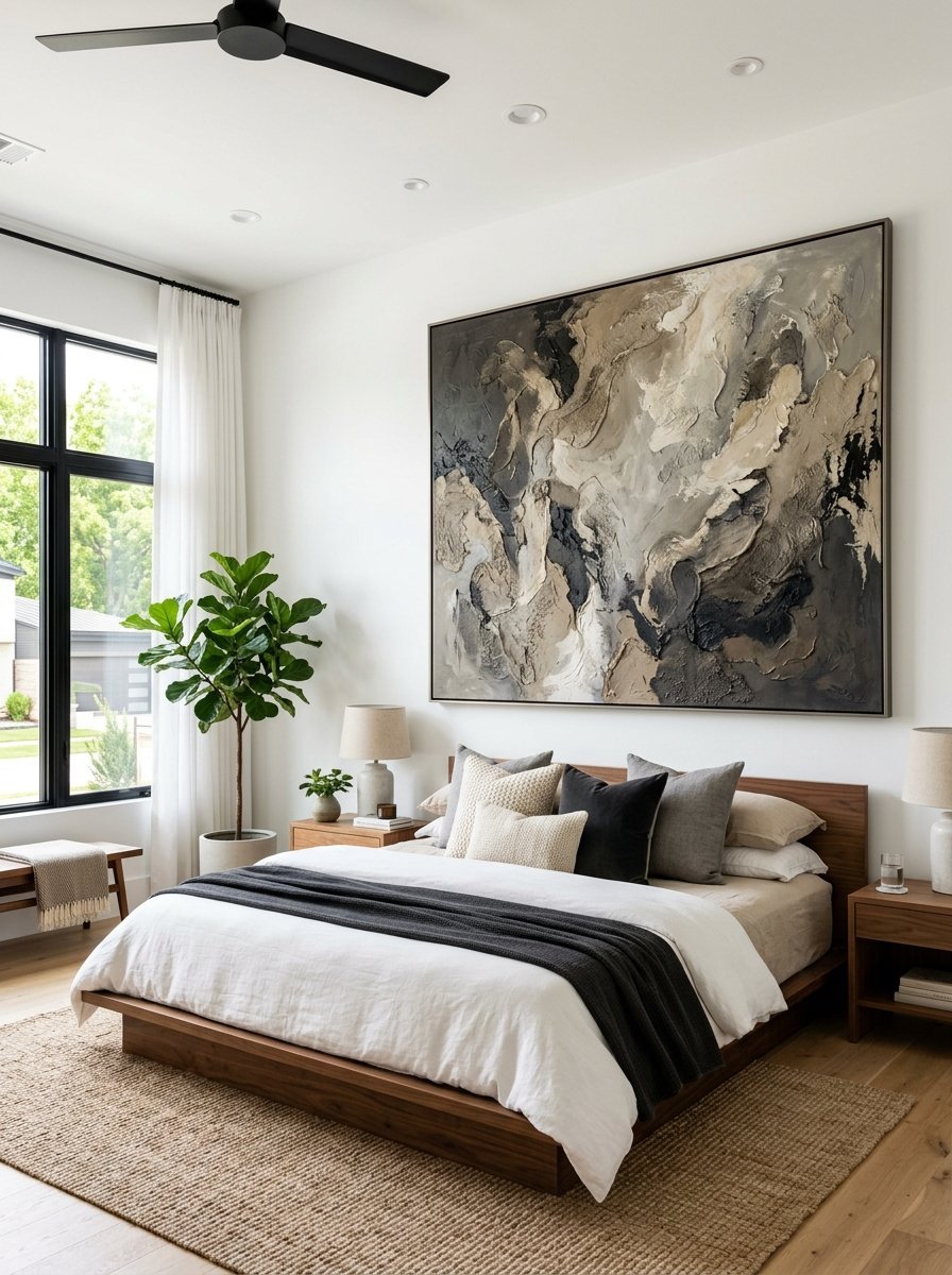 A modern bedroom featuring a low walnut platform bed with neutral linens and a massive dark abstract canvas on the wall.