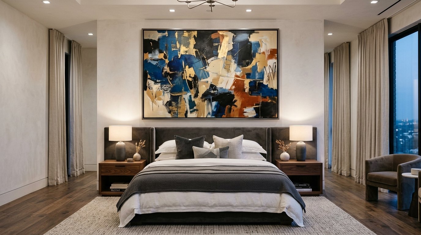 Large framed abstract painting in blue and gold hangs above a modern gray upholstered bed in a luxury bedroom.