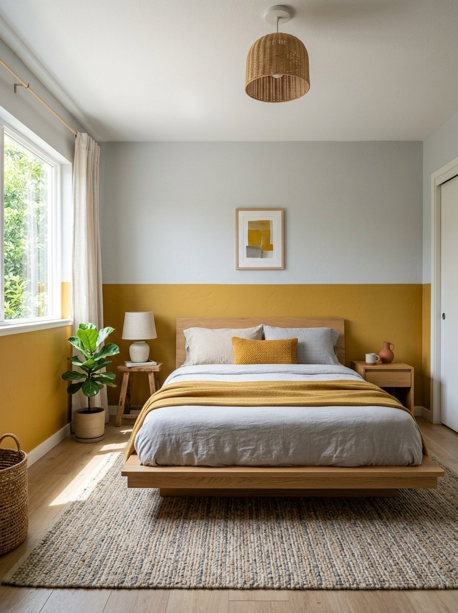 A modern bedroom with a low wood platform bed, yellow and grey wall paint, and a woven basket pendant light.