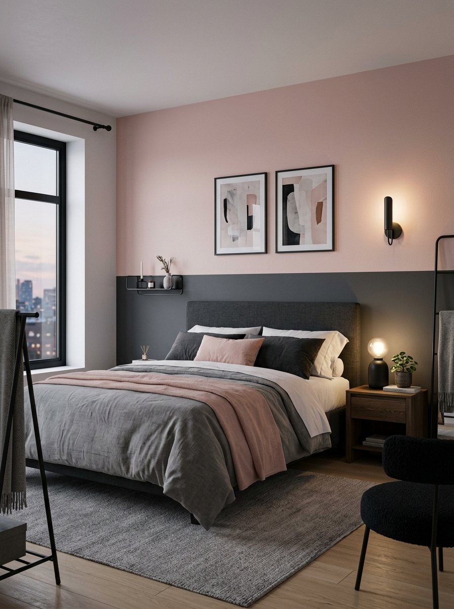 A bedroom with color-blocked pink and grey walls, a grey upholstered bed, and minimalist abstract wall art.