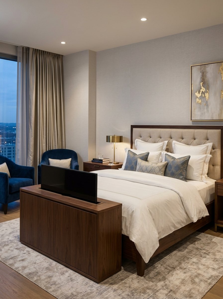 A modern bedroom with a bed, tufted headboard, blue armchairs, and a wood cabinet concealing a rising television.