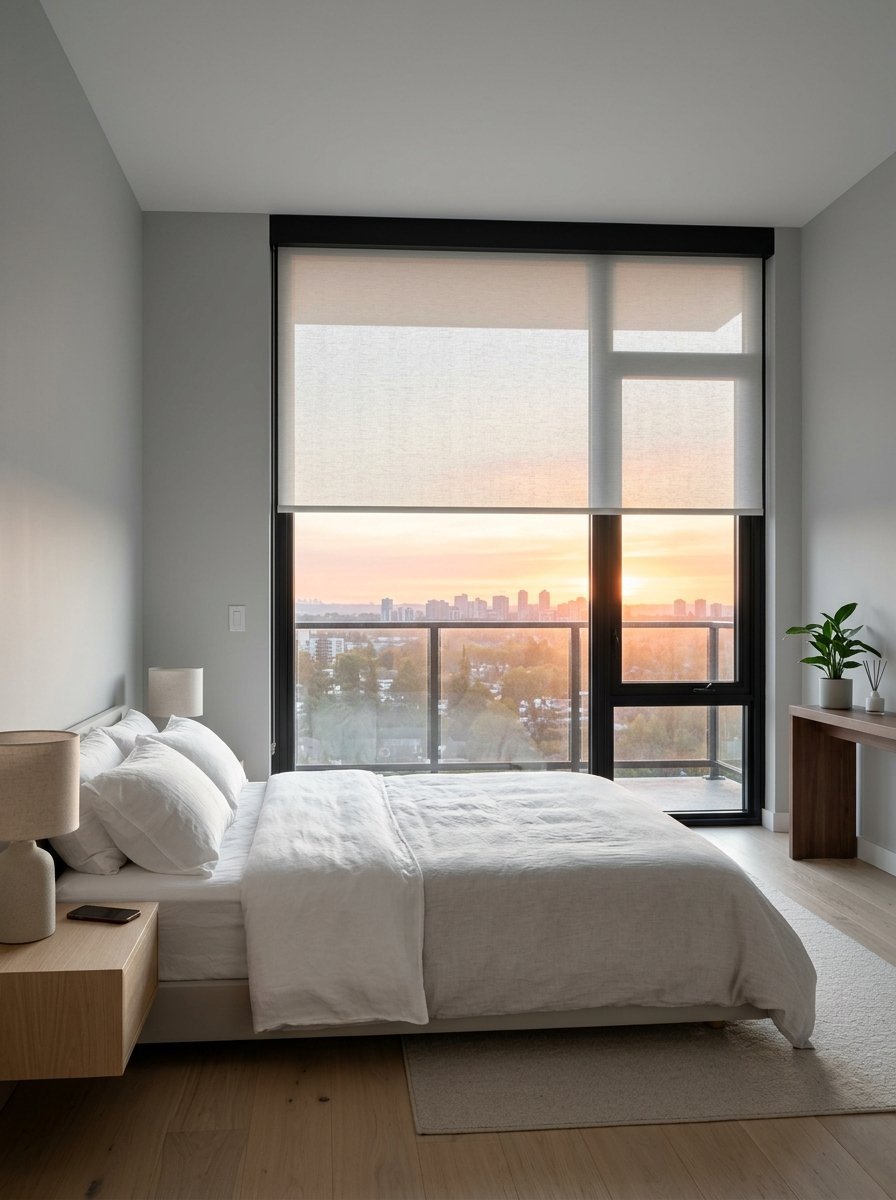 A modern bedroom with white bedding, wooden nightstands, and a large window overlooking a city sunset.