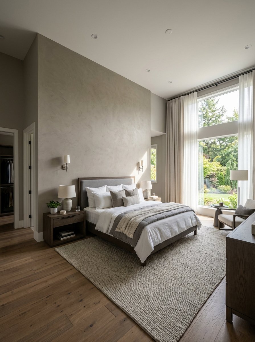 A serene primary bedroom with a platform bed, neutral tones, and tall windows looking out to a lush green backyard.