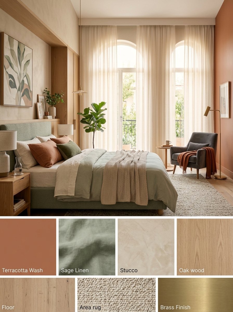 A serene bedroom featuring sage bedding, warm terracotta cushions, wood accents, and sheer curtains.