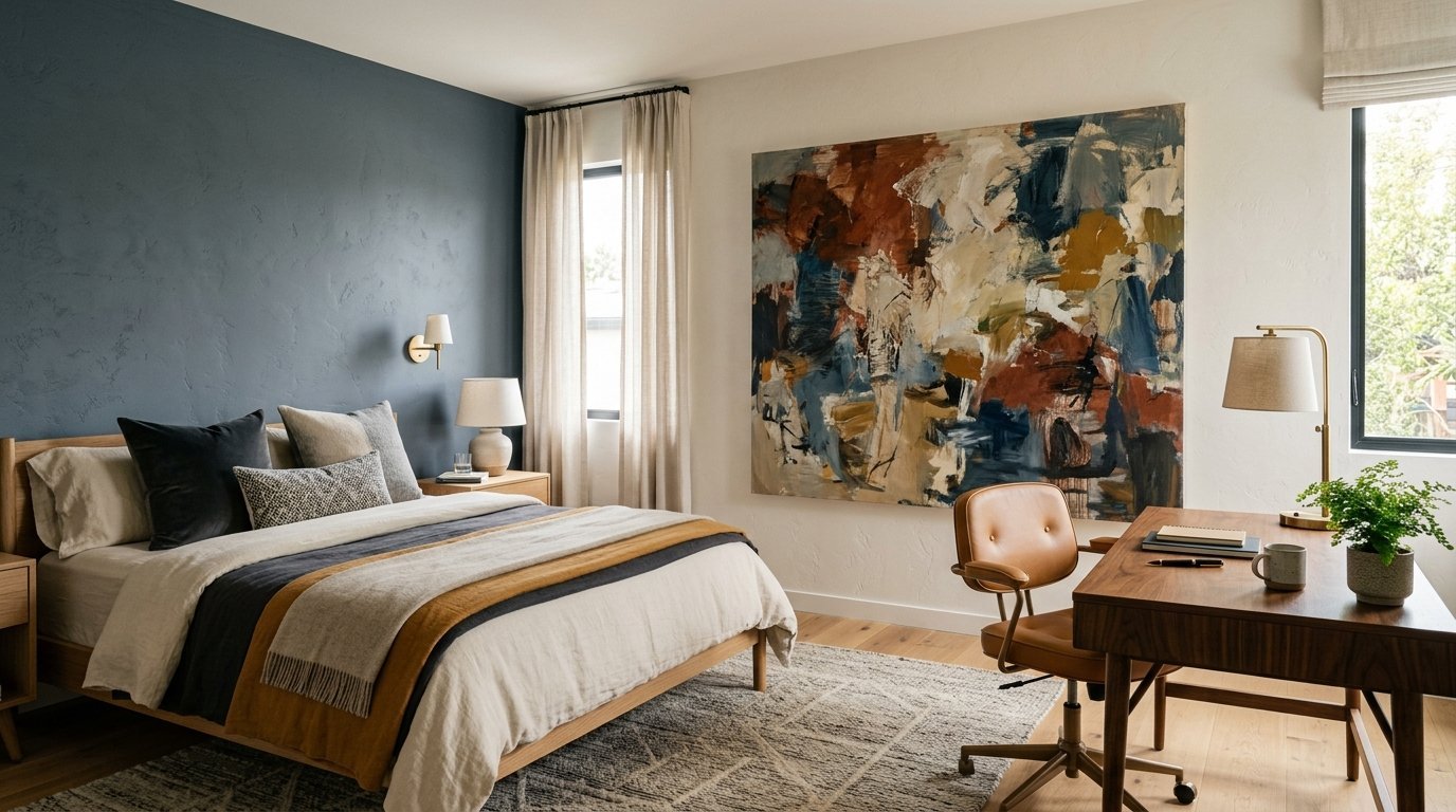 Modern bedroom with a blue accent wall, a large abstract canvas, and a wood desk with a leather chair.
