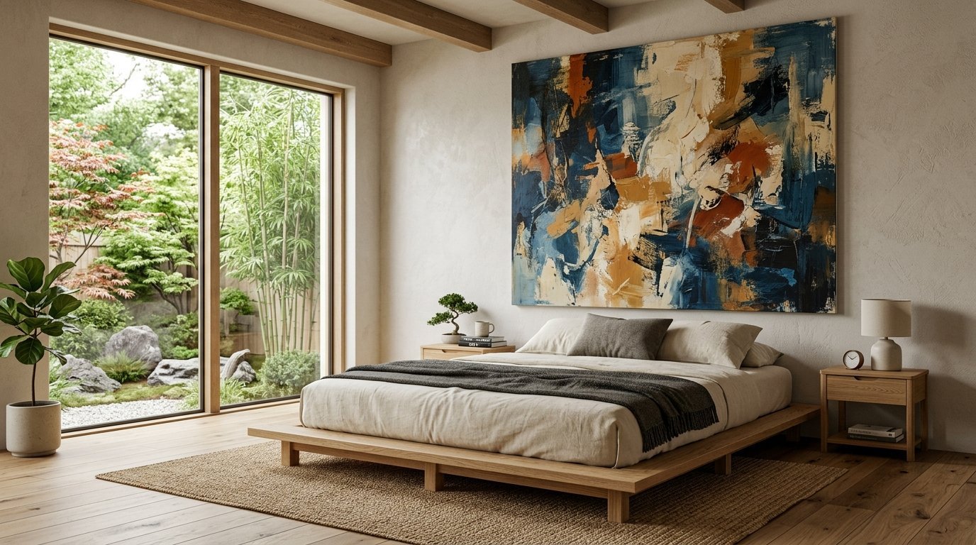 A platform bed in a neutral room featuring an expansive blue and orange canvas painting on the wall.