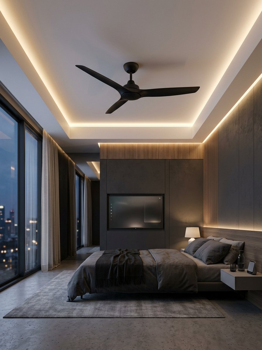 Modern hotel suite with dark grey walls, a platform bed, large windows, and a black ceiling fan.