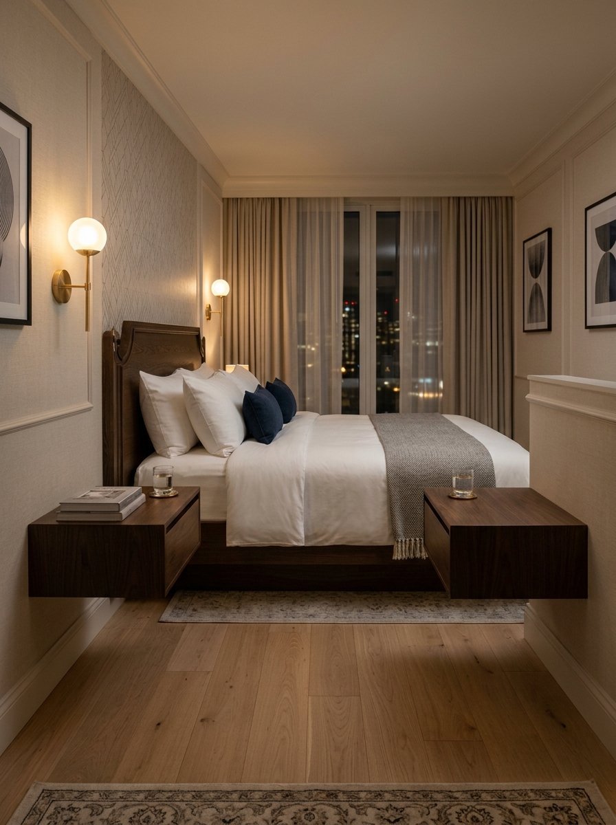 Modern bedroom interior with a king bed, floating walnut nightstands, and soft wall lighting at night.