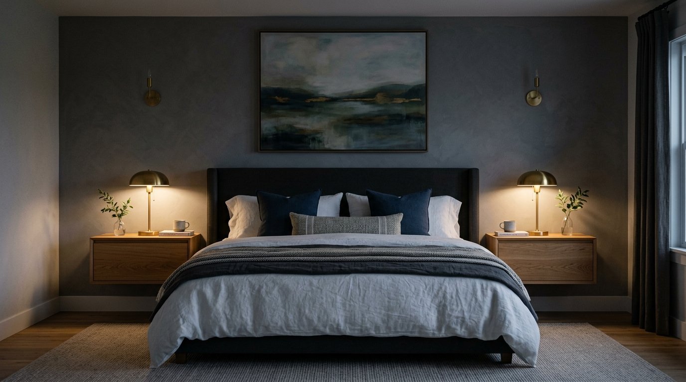 Modern bedroom with a dark upholstered headboard, floating wood nightstands, and soft gold bedside lamps.