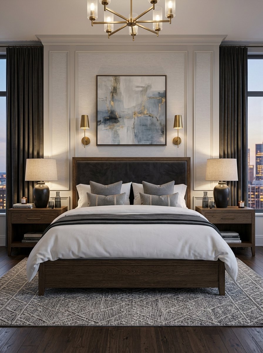Modern bedroom with a dark wooden bed, abstract wall art, and matching brass wall sconces.