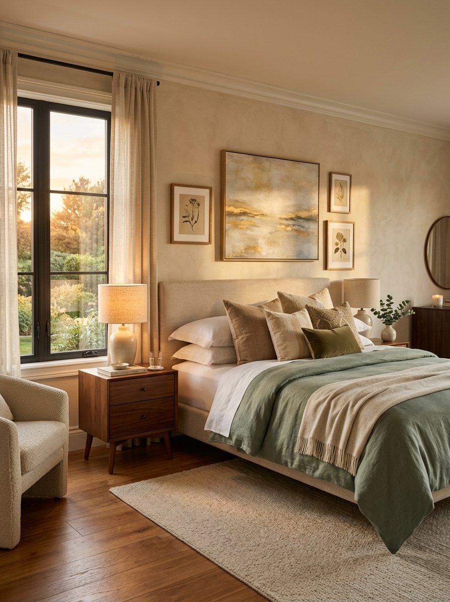A serene bedroom with a beige upholstered bed, sage bedding, and soft golden hour light streaming through the window.