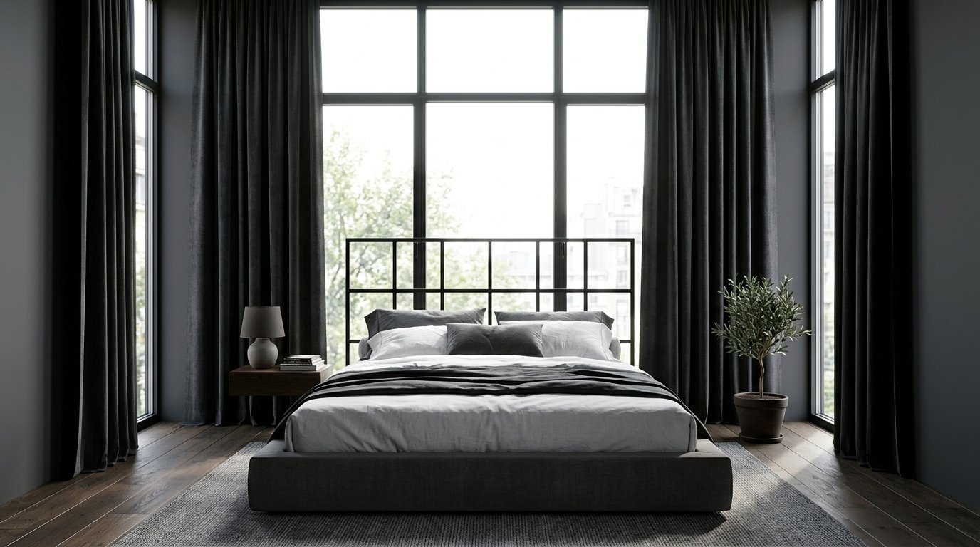 Contemporary bedroom interior with a platform bed, dark curtains, and a potted plant by a large window.