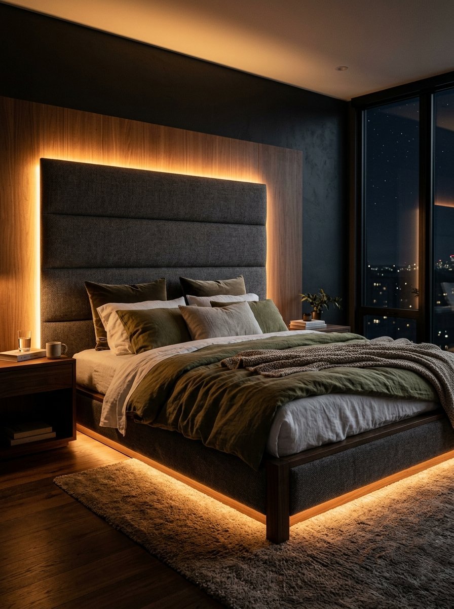 Modern bedroom with a dark grey upholstered headboard, olive green bedding, and warm under-bed LED strip lighting.