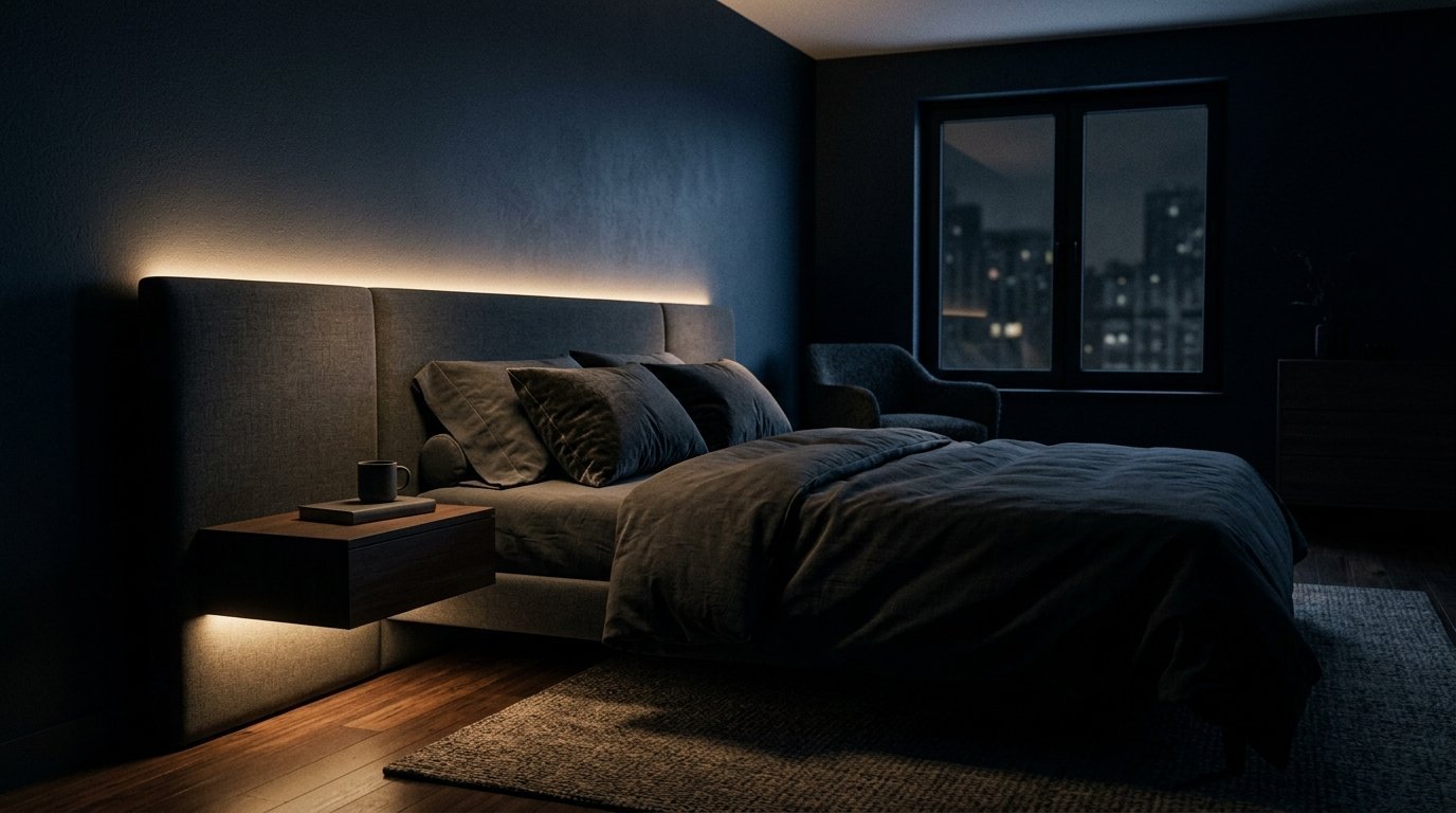Dark modern bedroom with an upholstered bed, floating nightstand, and a city view through the window.