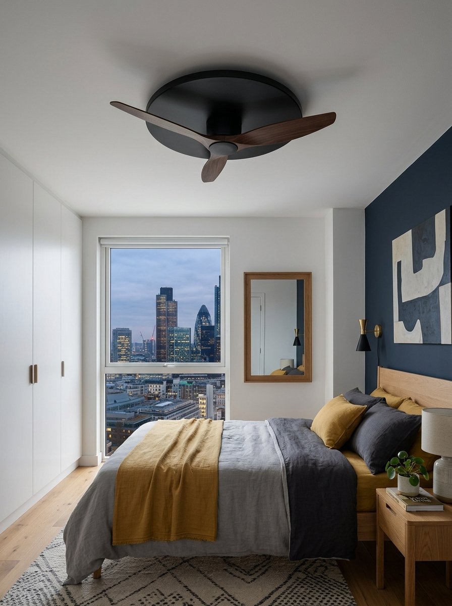 Modern bedroom with yellow and grey bedding, a wooden bed frame, and a window overlooking high-rise buildings.