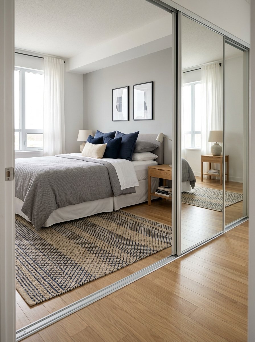 Modern bedroom with a blue and grey bed, wooden nightstands, and a large mirrored closet reflecting the room.