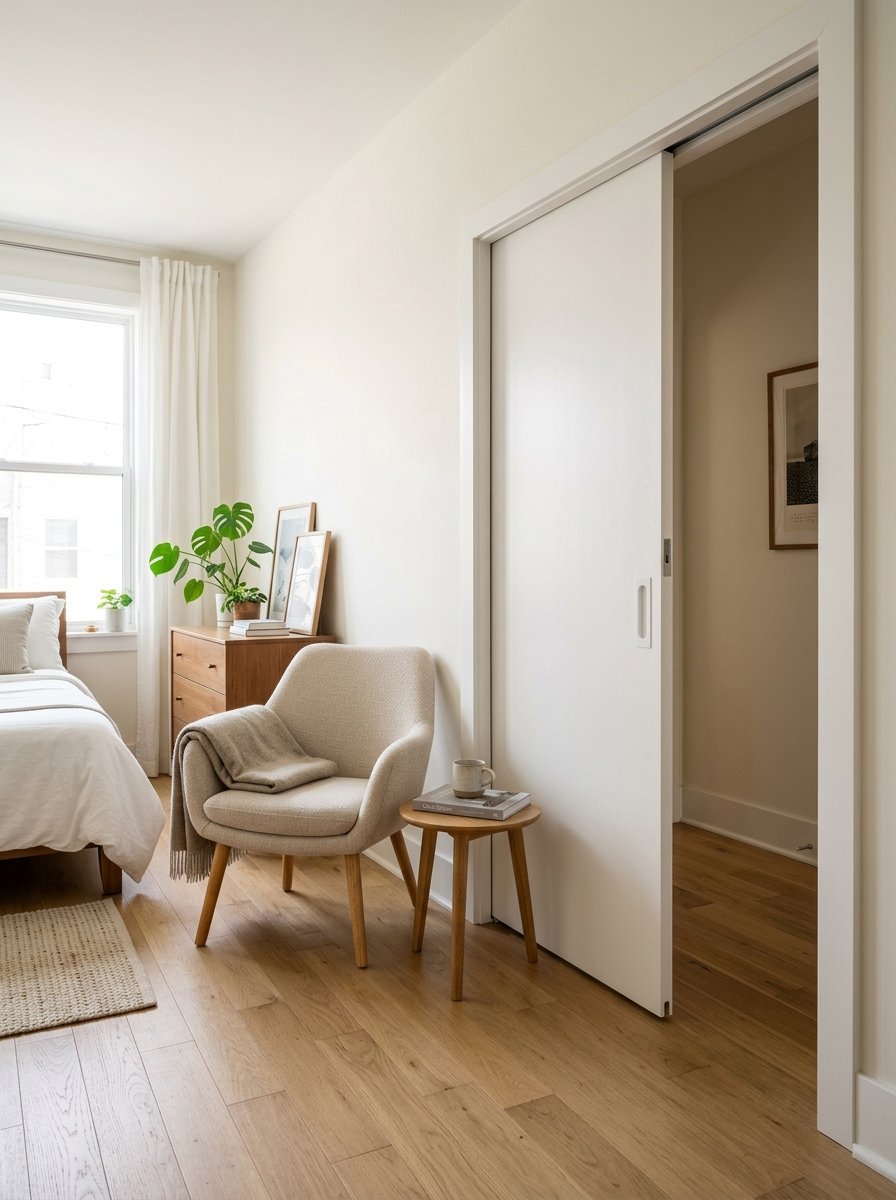 A bedroom corner with a cream armchair, wooden side table, and white sliding door opening to a hallway.