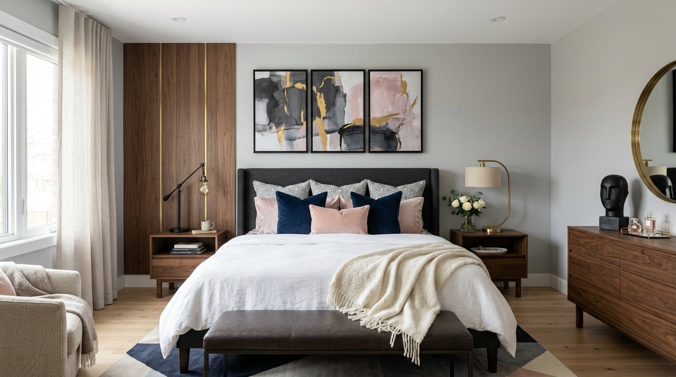 Modern bedroom with a dark grey upholstered bed, walnut nightstands, and a pink, navy, and gold abstract triptych.