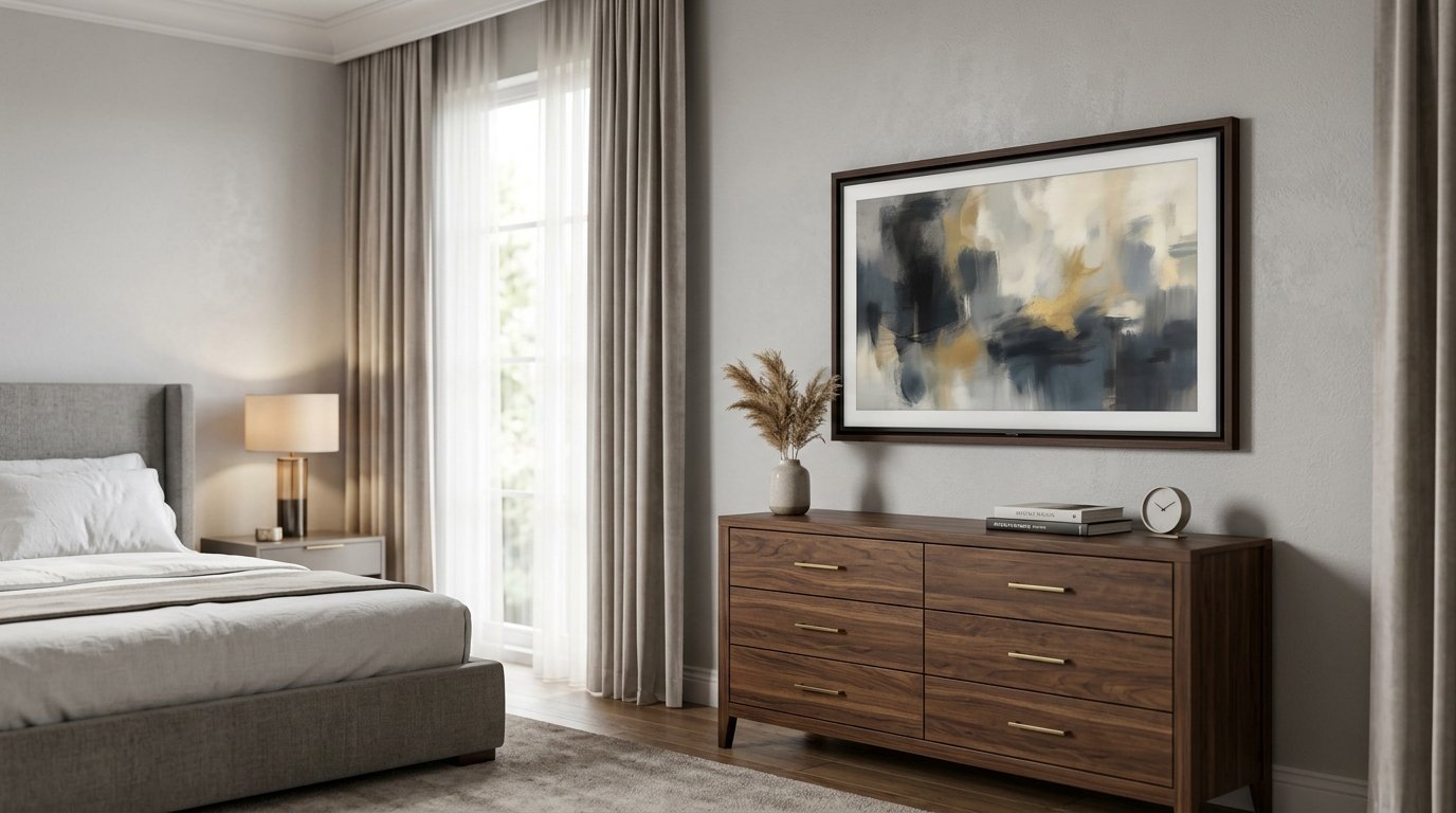 Wooden dresser with brass handles and abstract painting inside a stylish neutral-toned master bedroom.