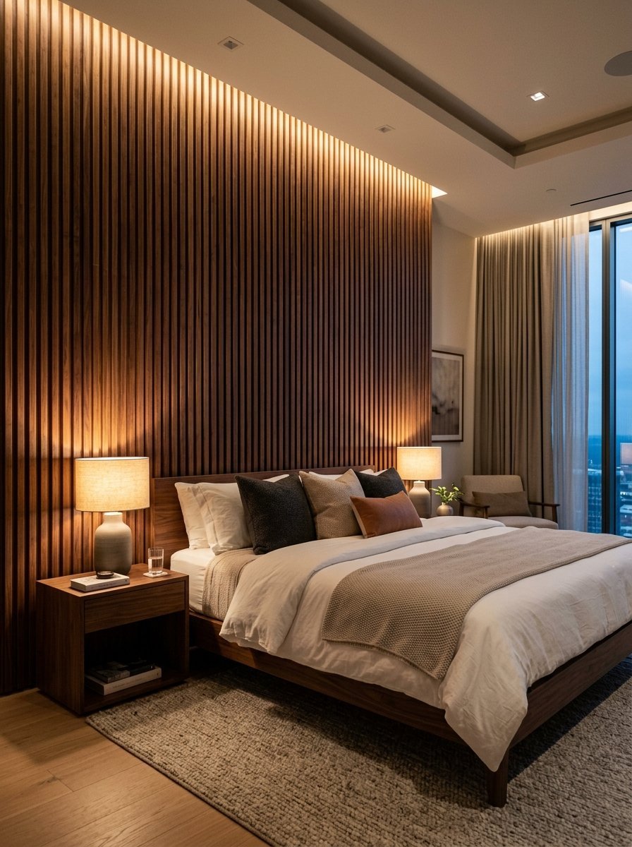 A luxurious bedroom with a wooden slat headboard wall, warm bedside lamps, and a view of the city night skyline.