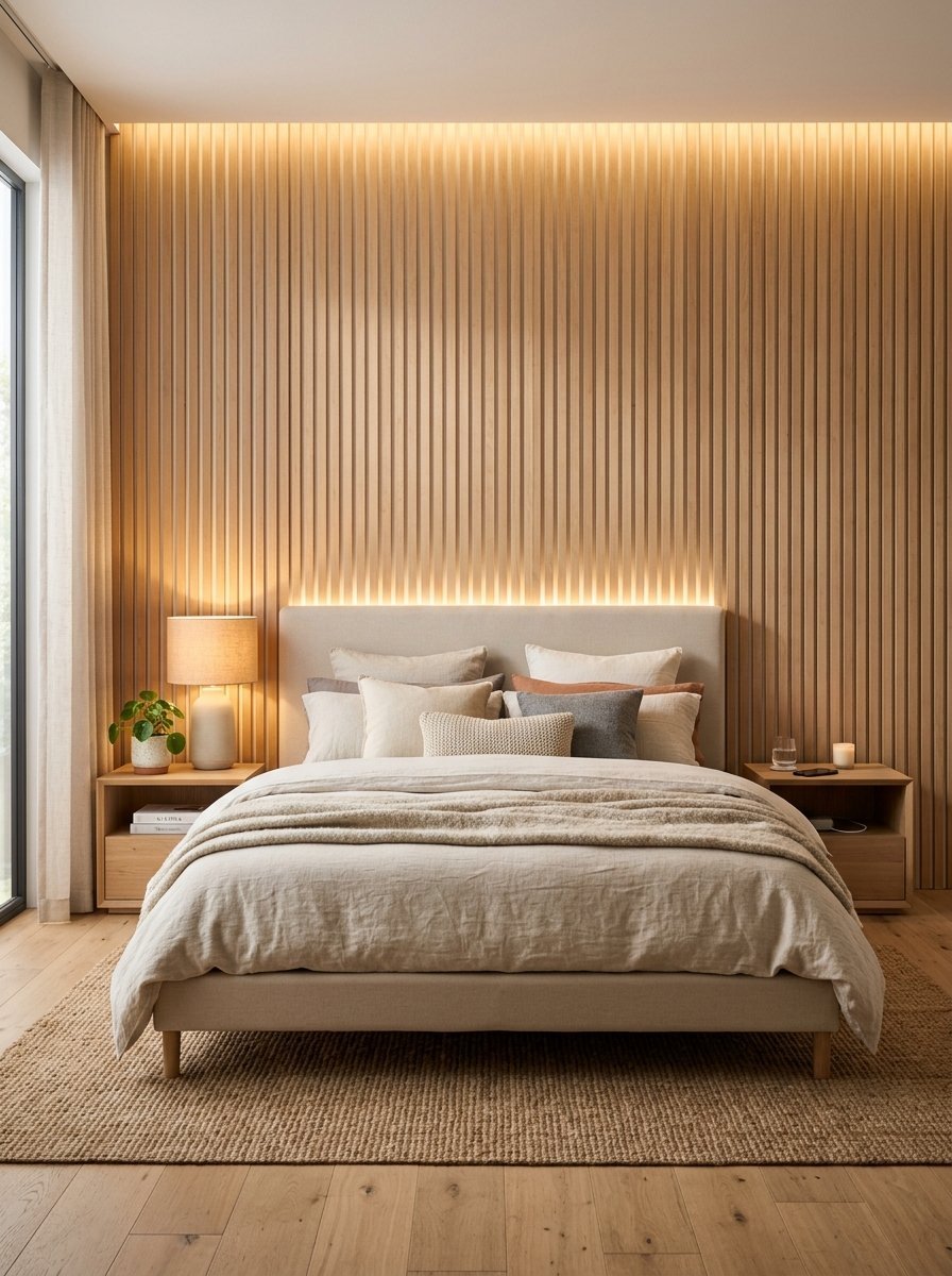 A bed with beige linens positioned against a vertical light-wood paneled wall with hidden LED mood lighting.