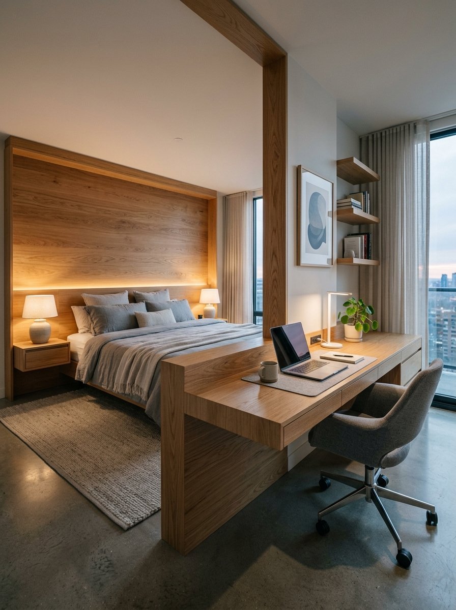 Contemporary bedroom features a wooden partition separating a cozy bed from a sleek home office workspace.