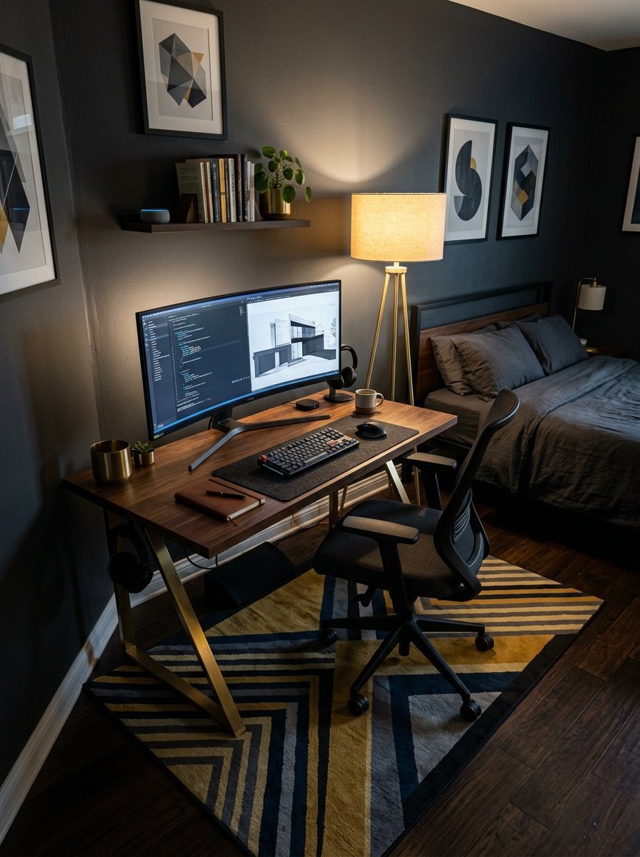 Ultrawide computer monitor on a dark wood desk with brass legs in a stylish bedroom.