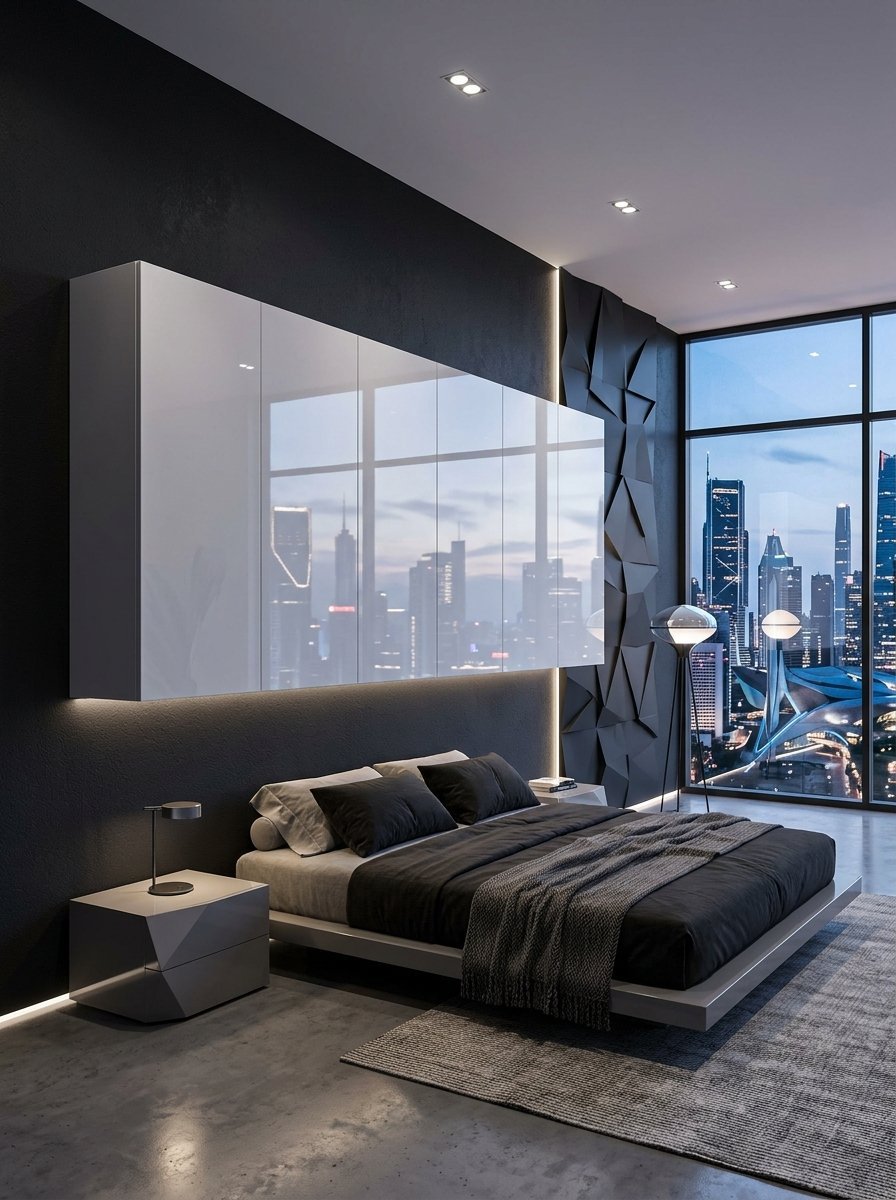 A sleek modern bedroom with a black wall, floating white cupboards, and floor-to-ceiling windows overlooking a city.