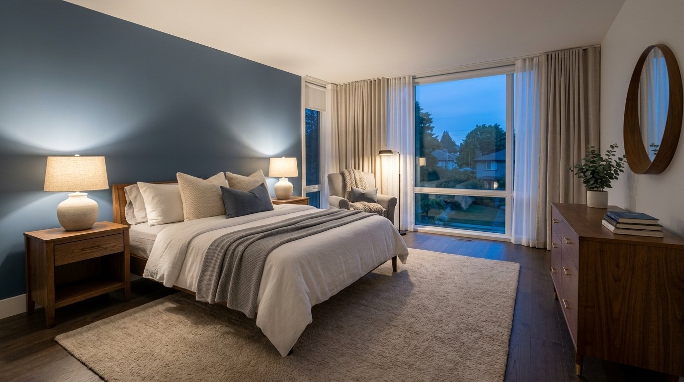 A bedroom features a wooden bed frame, textured area rug, and a blue wall with matching nightstand lamps.