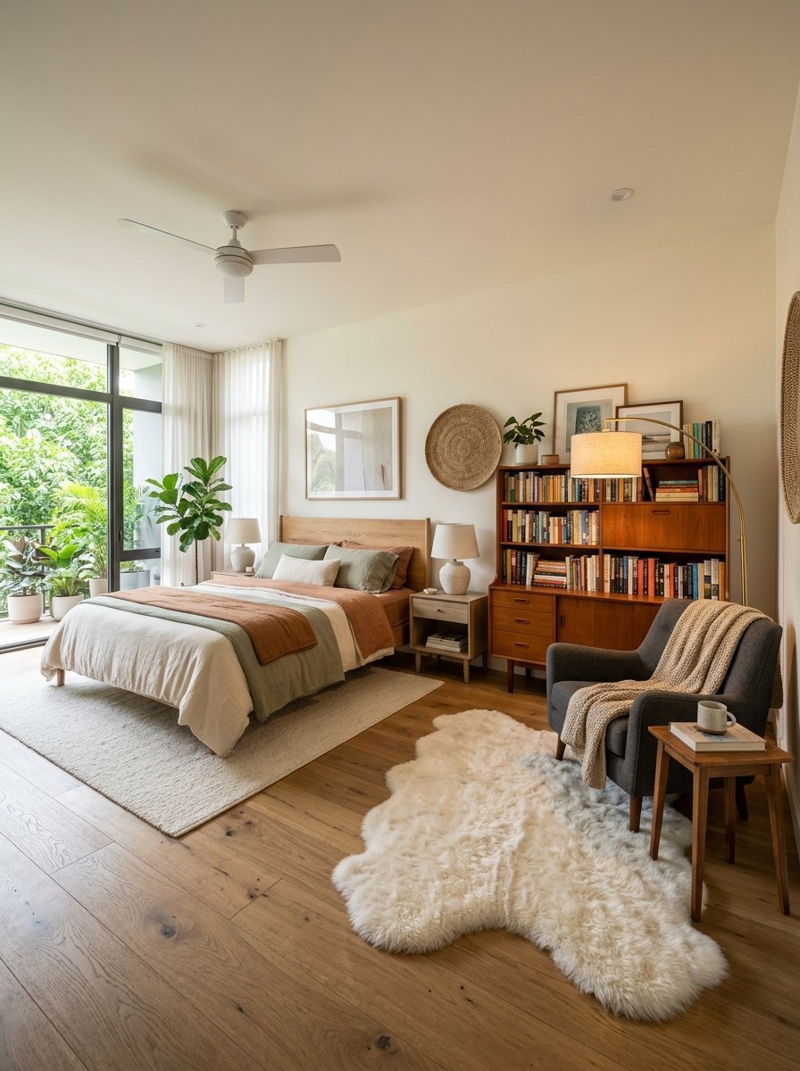 Modern bedroom with wooden bed, bookshelf, grey armchair, and white sheepskin rug on wood floors.