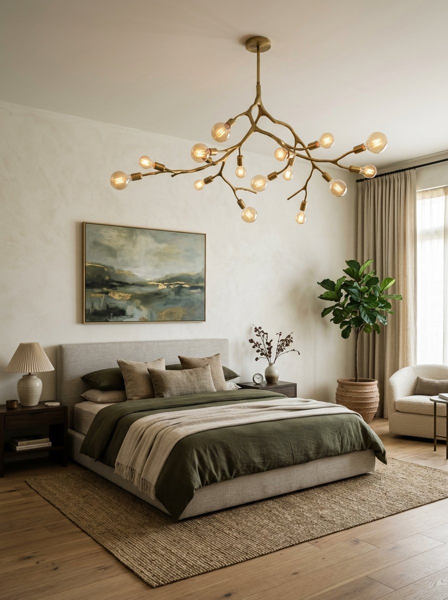 Modern bedroom with a sprawling gold branch pendant light hanging over a green bed with textured beige accents.