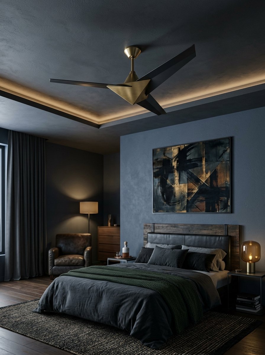 A dark, moody bedroom interior with a designer three-blade ceiling fan hanging from the ceiling.