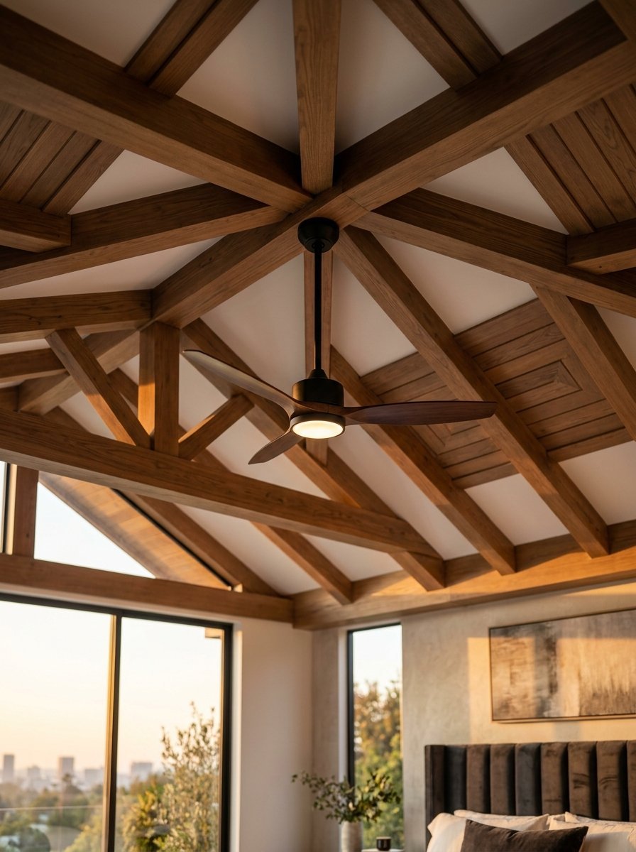 A sleek three-blade fan with a central light hangs from a complex geometric exposed wood ceiling structure.