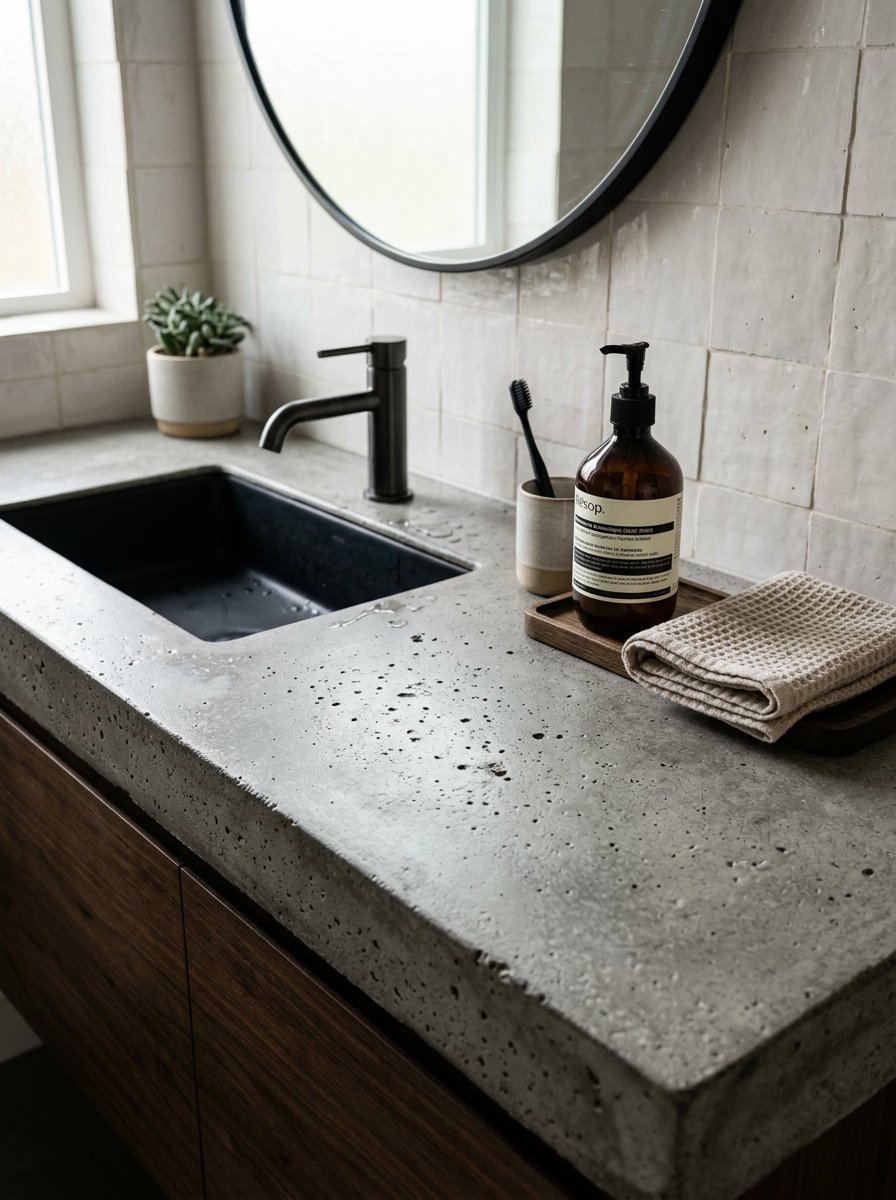 Close up of a textured concrete vanity top with a black faucet, small succulent, and brown soap dispenser.