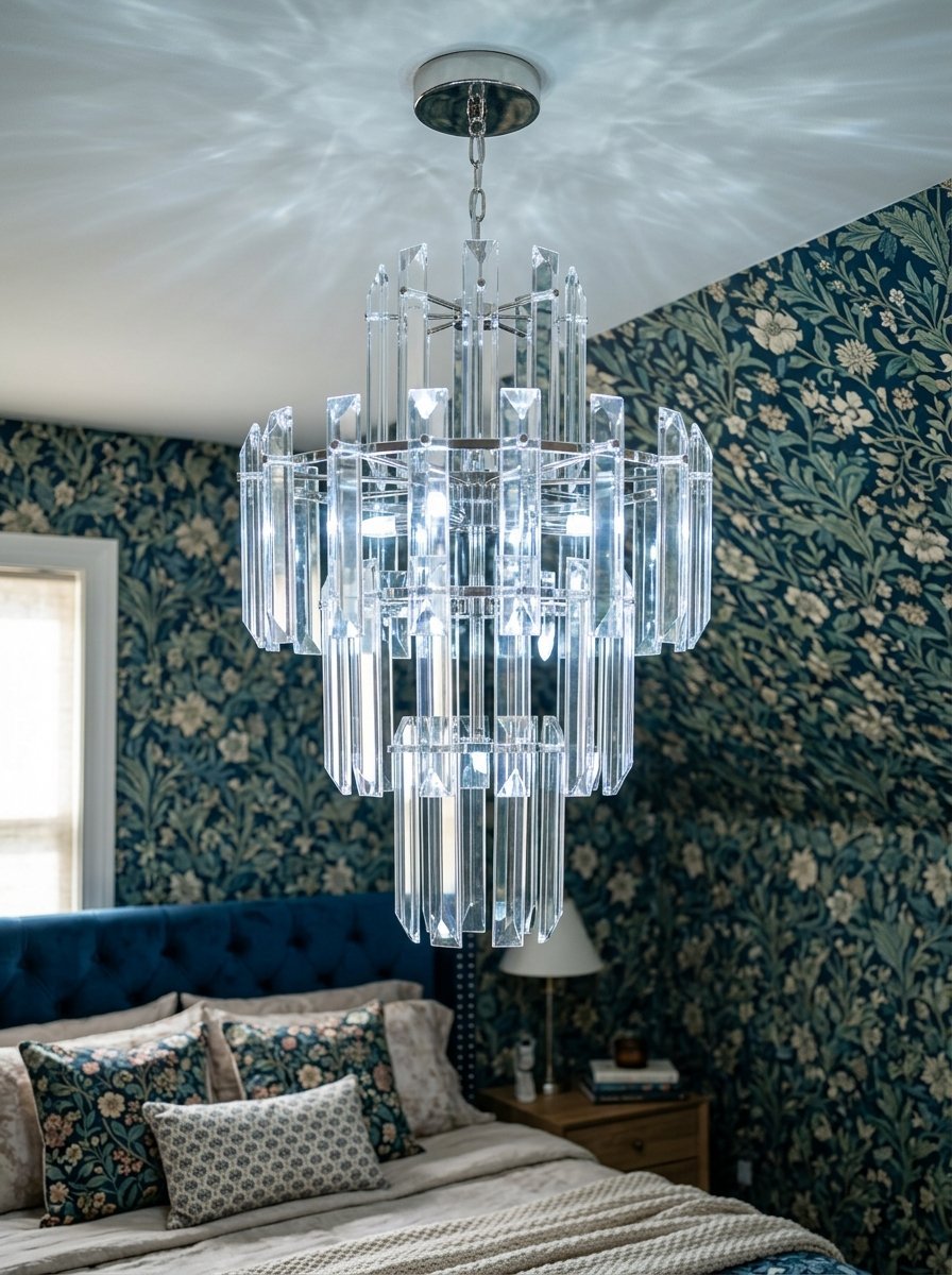 Close-up of a modern glass prism pendant light fixture illuminating a room with dark botanical wallpaper.