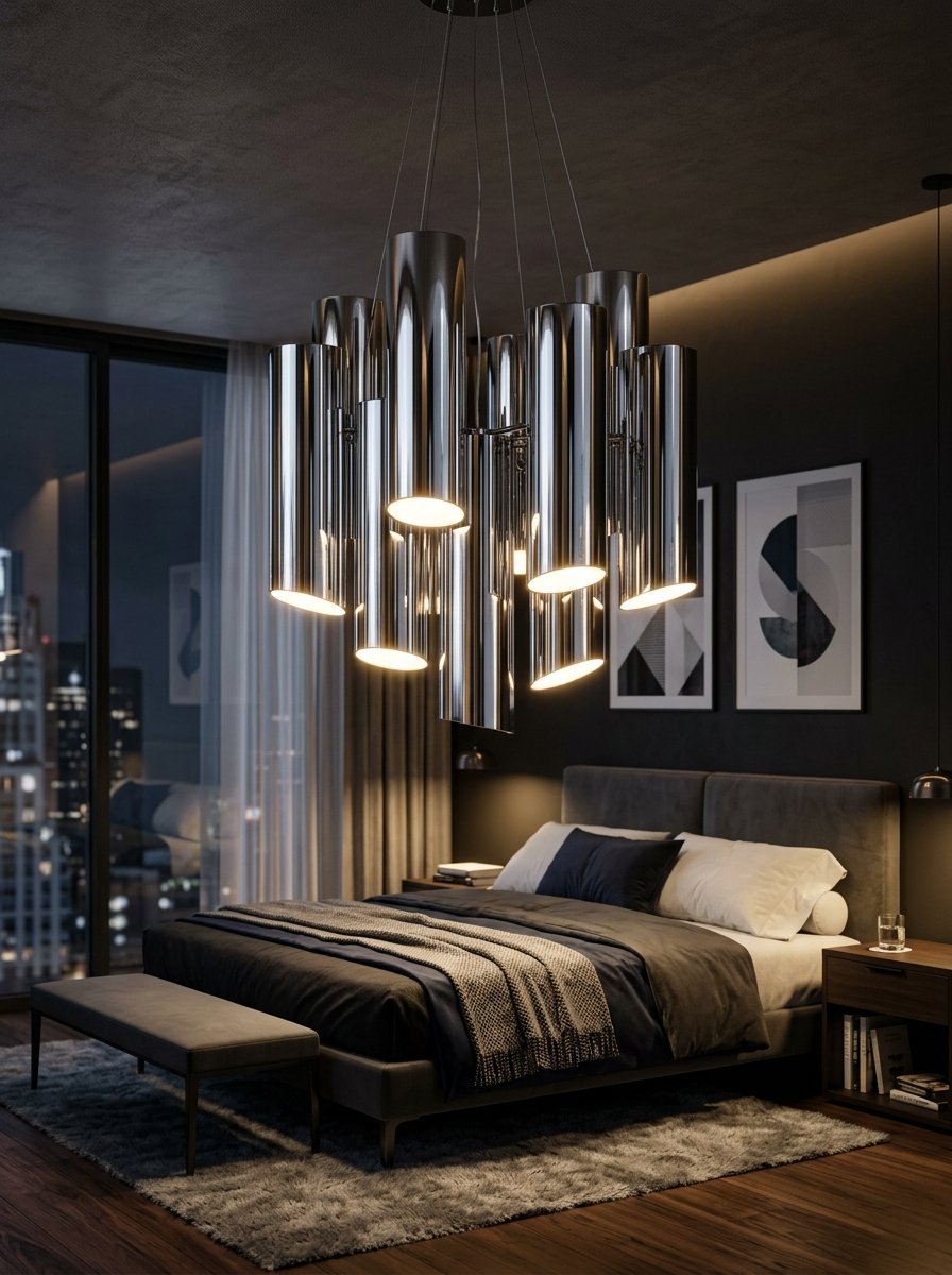 Cylindrical chrome light fixture hanging above a dark grey bedroom set.