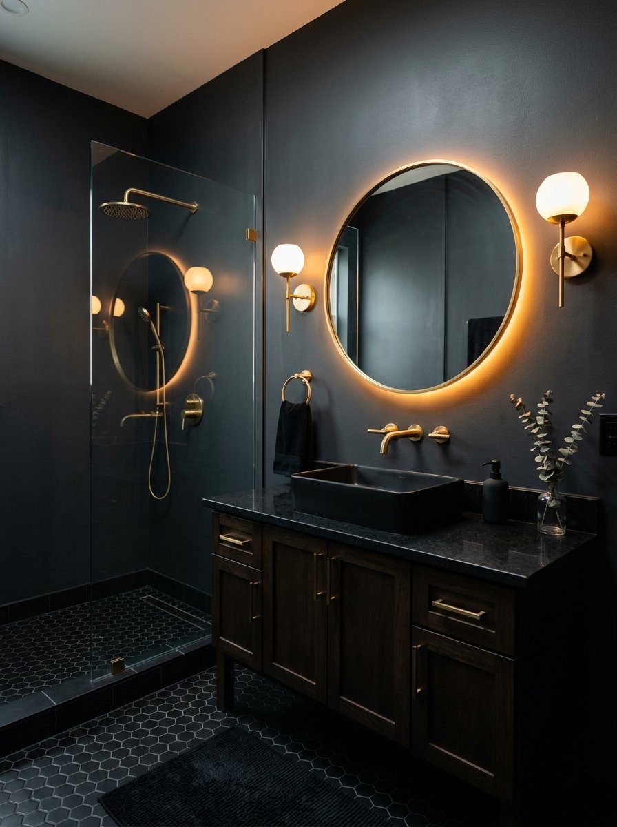 Contemporary bathroom with charcoal walls, dark vanity, hexagonal floor tiles, and gold wall sconces.