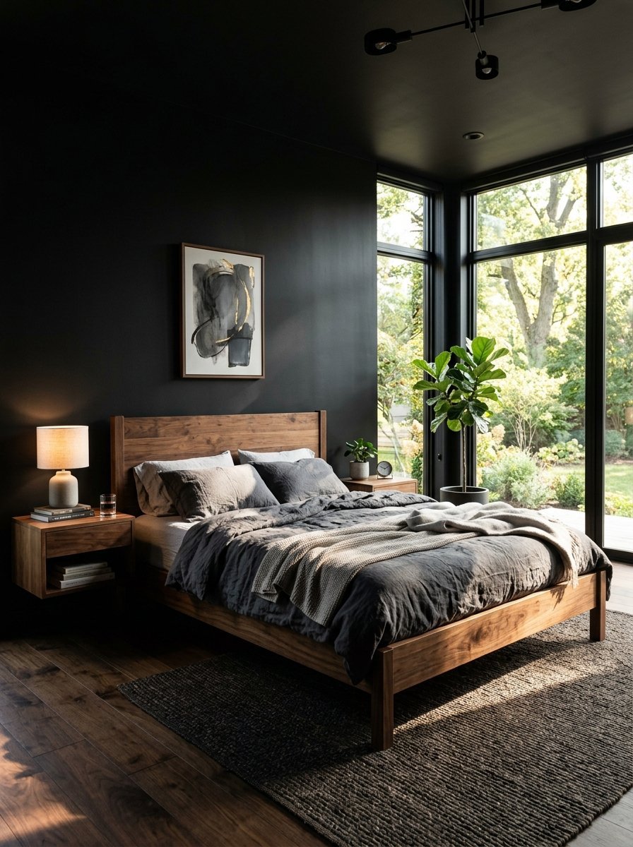 Contemporary bedroom with charcoal walls, walnut bed frame, linen bedding, and large windows with green foliage.