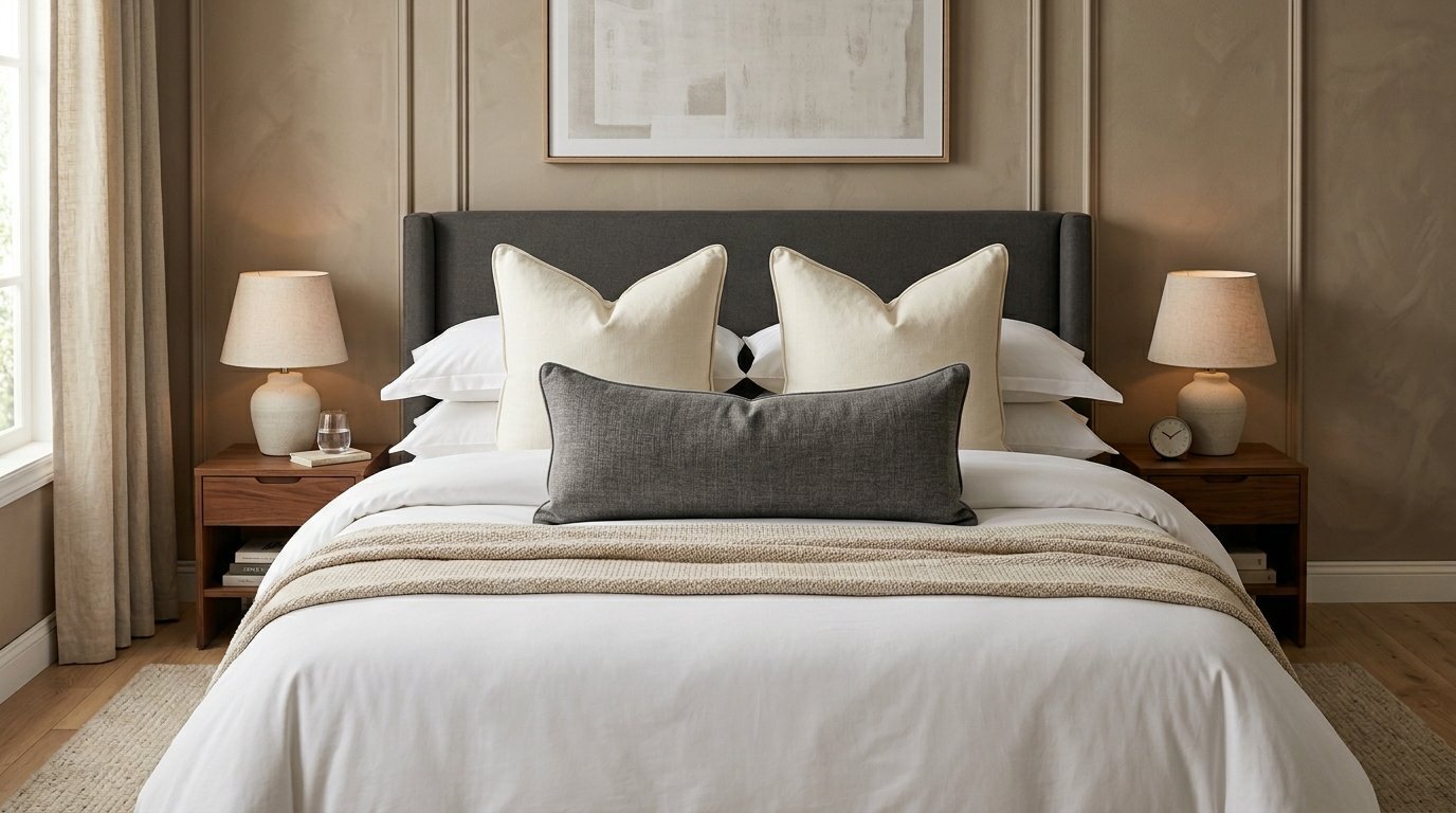 Close up of a bed with white linens, cream square cushions, and a dark charcoal lumbar pillow.