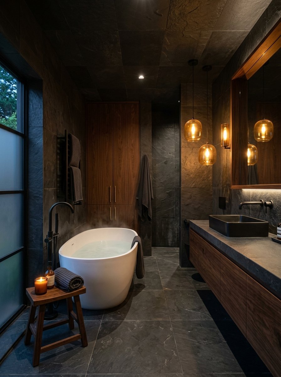 Steaming white bathtub in a moody bathroom with dark stone tiles, warm pendant lighting, and wood cabinetry.