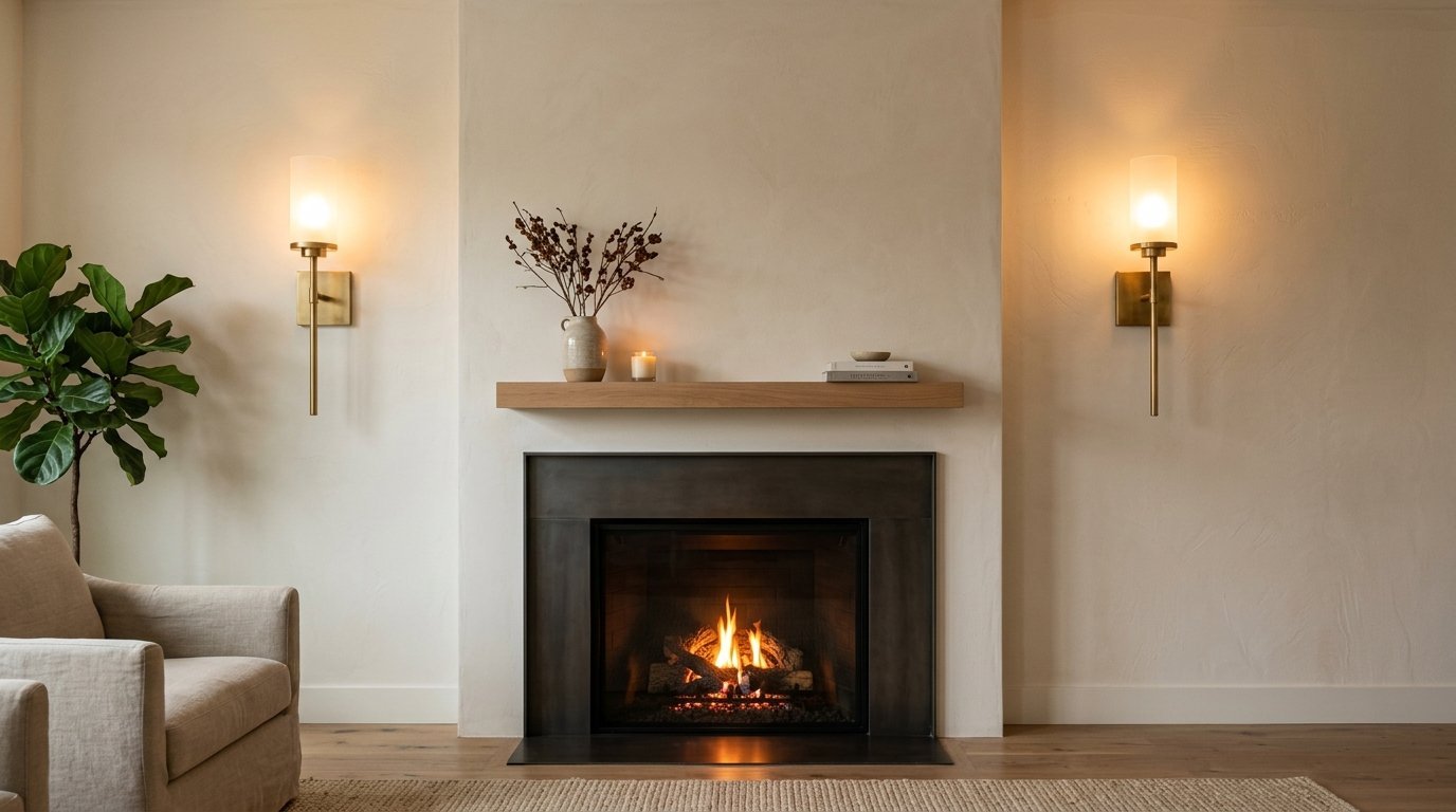 A beige living room with a black fireplace, wooden mantel, and two glowing brass wall sconces.