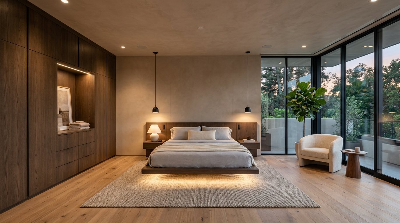 Spacious bedroom with a light oak floor, large dark wood wardrobe wall, and a glowing bed with bedside pendant lights.