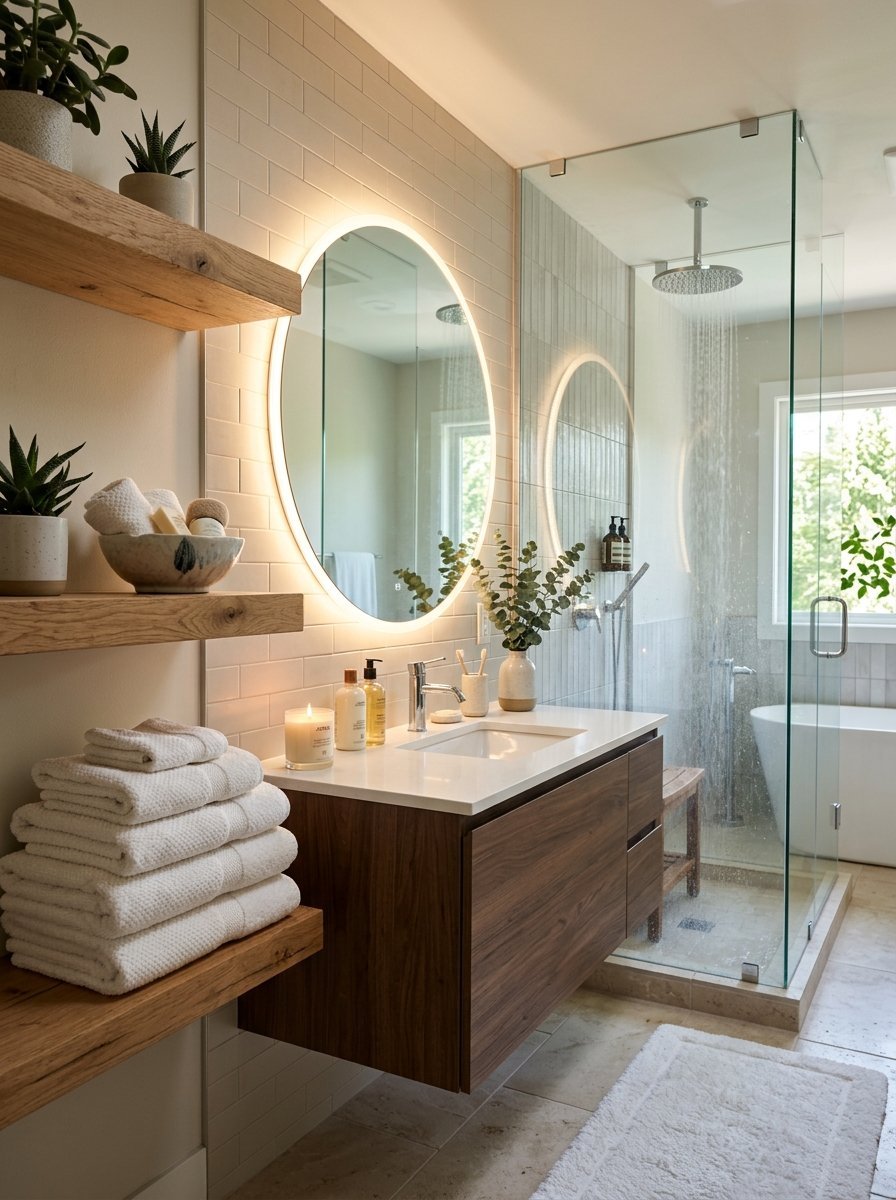 Modern bathroom interior with a walnut floating vanity, white subway tile backsplash, and a glass-enclosed shower.