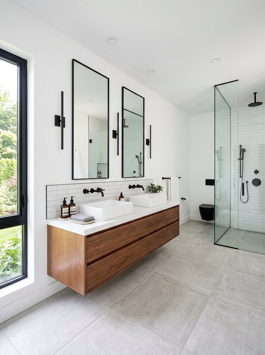 Contemporary master bathroom featuring a wooden double vanity, two vertical mirrors, and a glass-enclosed shower.