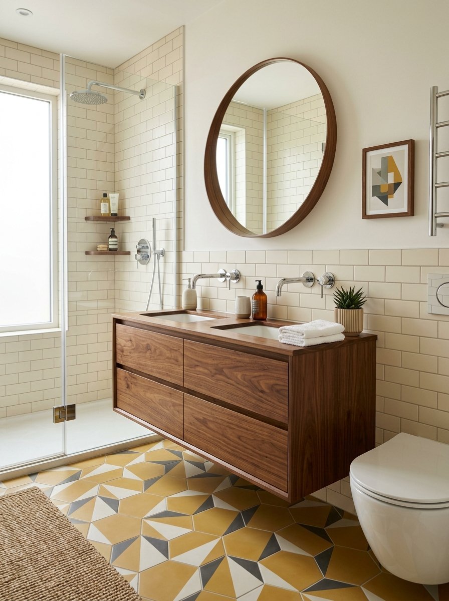 A bathroom featuring a wall-mounted wooden vanity, geometric floor tiles, and a glass-enclosed shower.