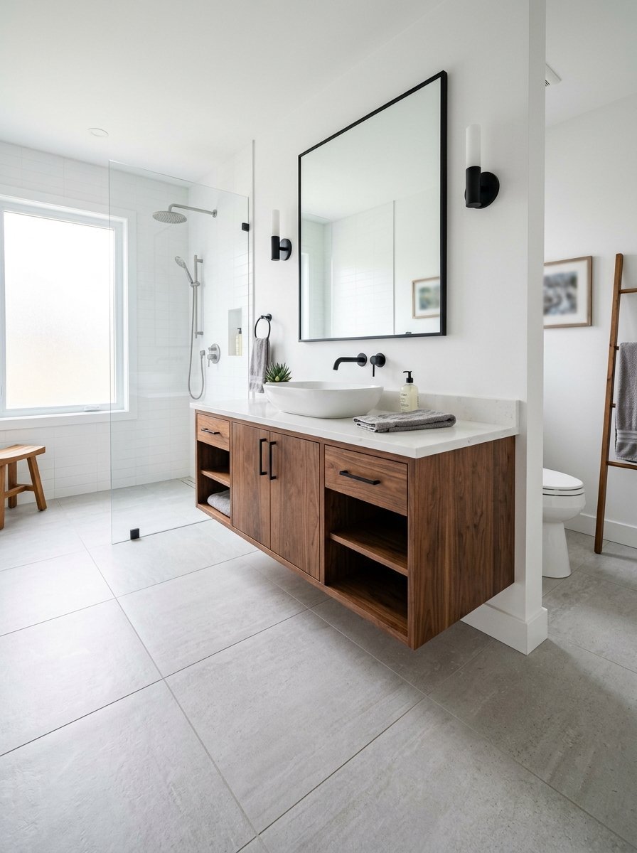 A contemporary bathroom featuring a wooden wall-mounted vanity, black mirror frame, and a glass-enclosed shower.