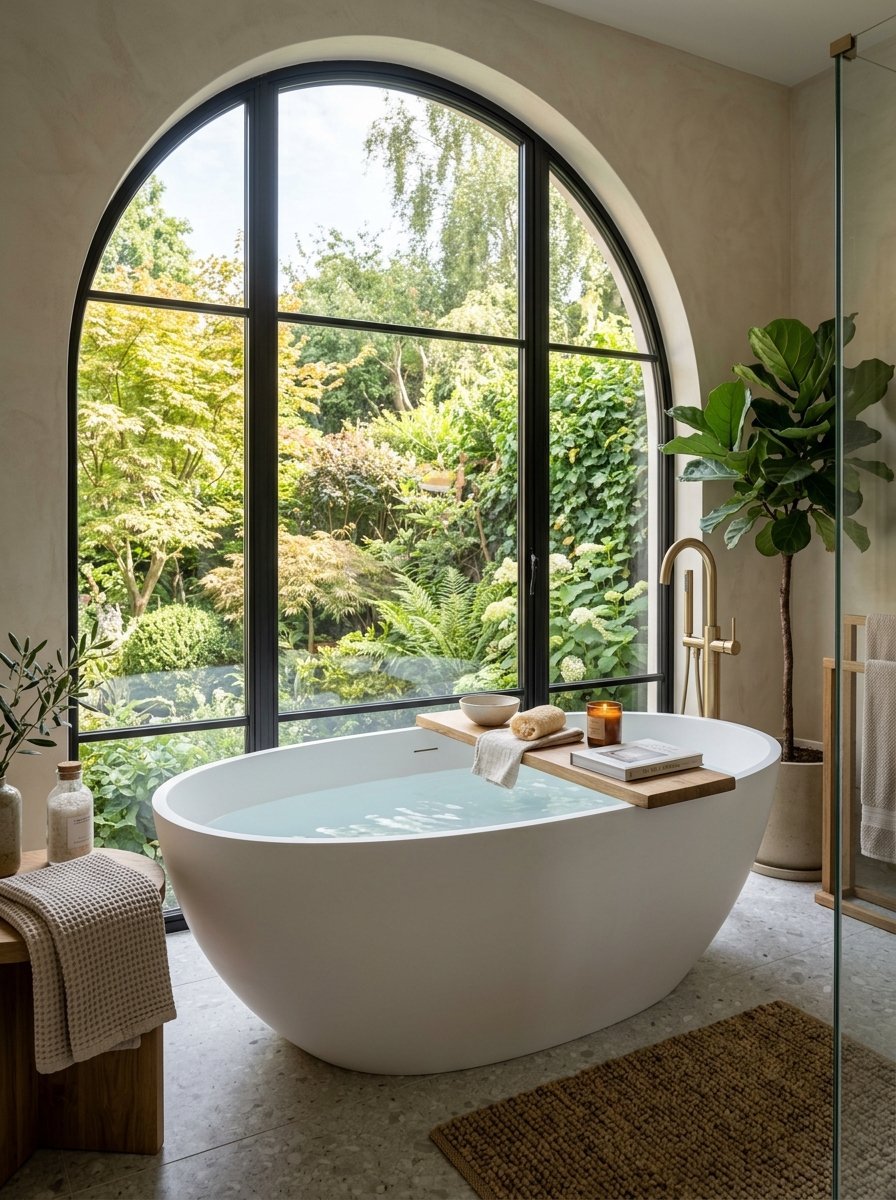 White oval bathtub with a wooden tray sits in front of a large arched window overlooking a lush garden.