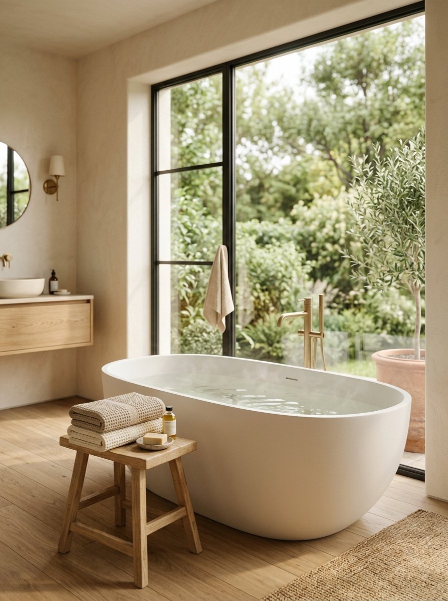 Freestanding white bathtub with brass faucet next to a wooden stool, towels, and soap in a bright sunlit bathroom.