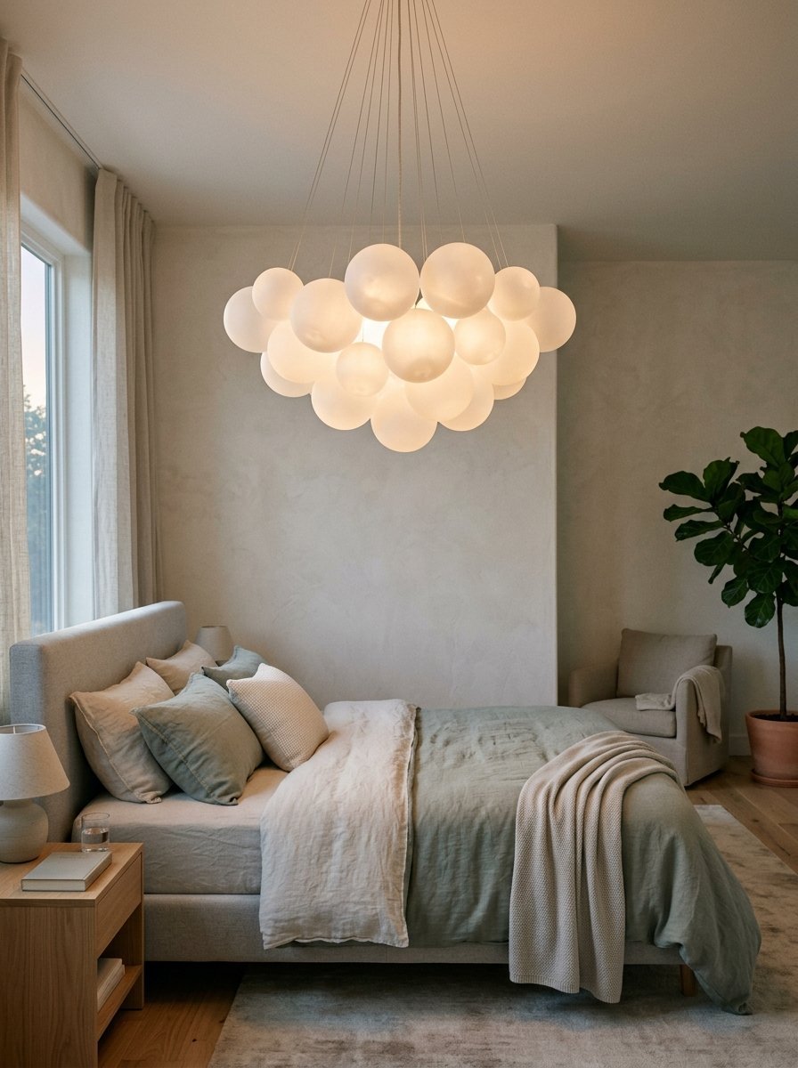 A large round bubble chandelier hangs over a bed with sage green linens in a minimalist neutral bedroom.